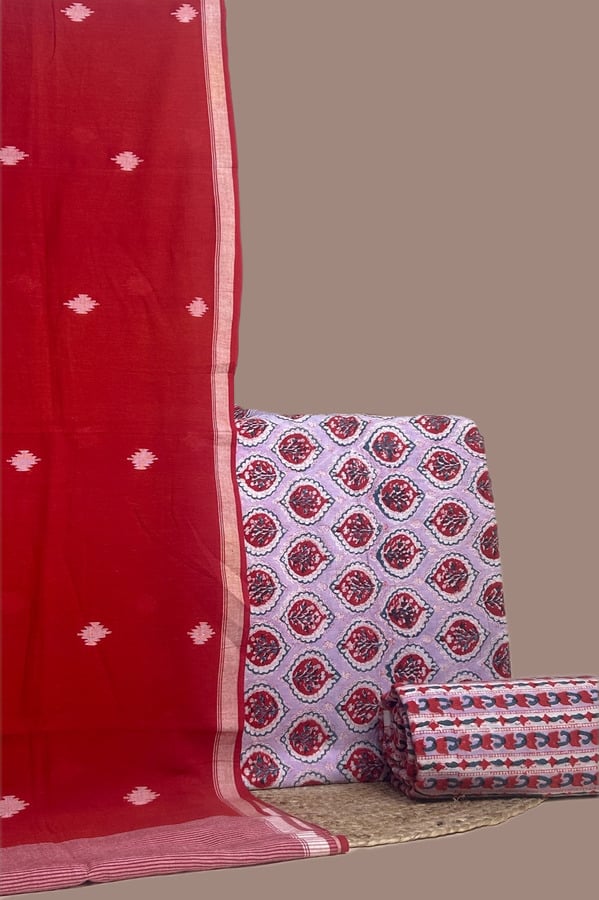 Purple - 3pc Handloom Soft Cotton Dupatta with Blockprint Cotton Top & Bottom Set Authentic HandBlock Printed
