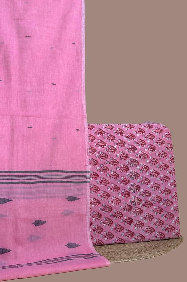 Pink - 2pc Handloom Cotton Dupatta and Blockprinted Soft Cotton Top Set Authentic HandBlock Printed