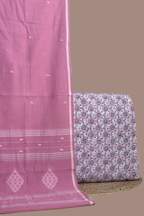 Pink - 2pc Handloom Cotton Dupatta and Blockprinted Soft Cotton Top Set Authentic HandBlock Printed