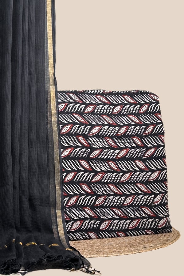 Black - 2pc Avagata Airloom™ Kota Dupatta and Bagru HandBlock Pure Cotton Set Authentic Bagru HandBlock