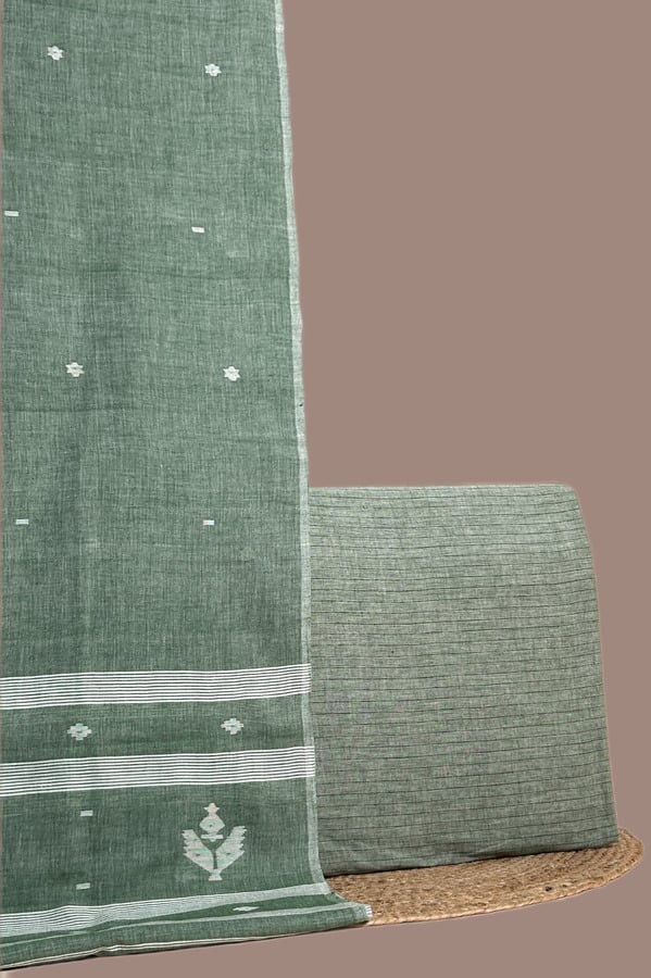 Green - 2pc Handloom Cotton Dupatta and Handloom Soft Cotton Top Fabric Set Authentic HandLoom Woven
