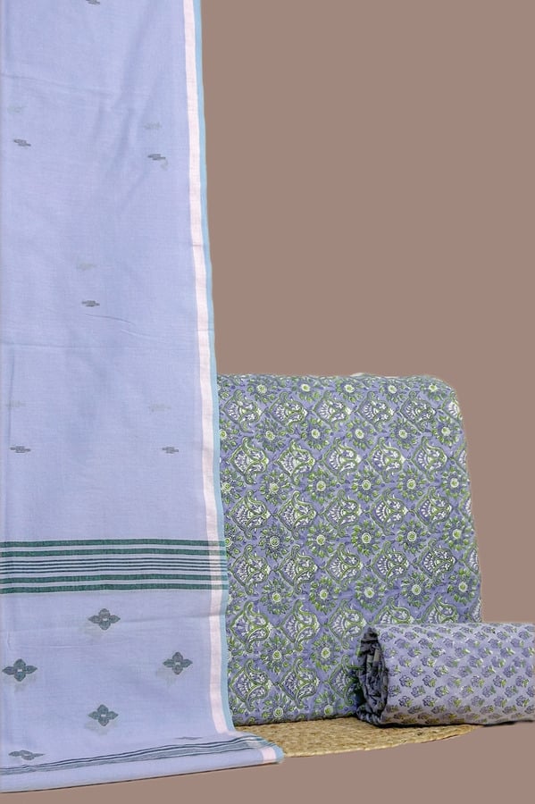 Purple - 3pc Handloom Soft Cotton Dupatta with Blockprint Cotton Top & Bottom Set Authentic HandBlock Printed