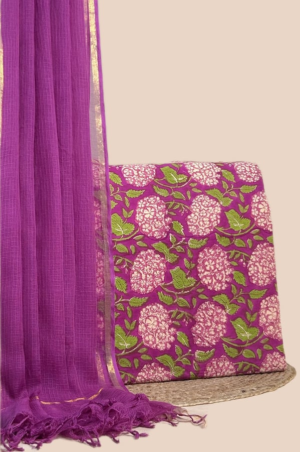 Pink - 2pc Avagata Airloom™ Kota Dupatta and Pure Soft Cotton Blockprint Top Fabric Set Authentic HandBlock Sanganeri Printed