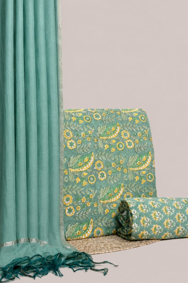 Green - 3pc AirLoom CottonSilk Dupatta with Blockprint Cotton Top & Bottom Set Authentic HandBlock Printed