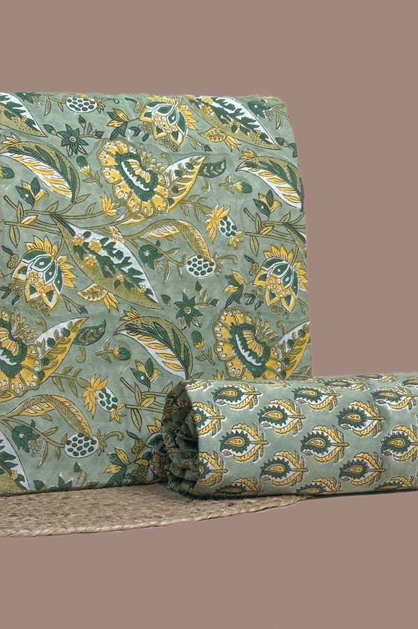 Green - 2pc Pure Soft Cotton Blockprinted Top and Bottom Fabric Set Authentic HandBlock Sanganeri Printed