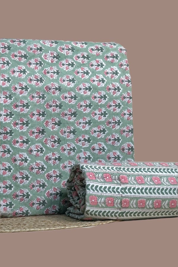 Green - 2pc Pure Soft Cotton Blockprinted Top and Bottom Fabric Set Authentic HandBlock Sanganeri Printed