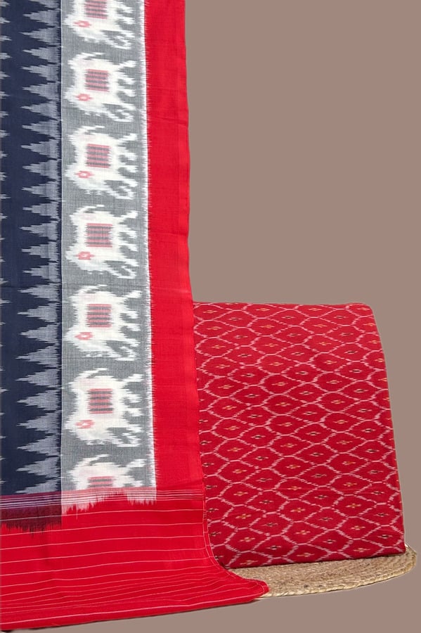Red - 2pc Ikkat Cotton Dupatta and Handloom Soft Ikkat Cotton Top Fabric Set Authentic Hand Tie-Dye Mercerised Ikkat