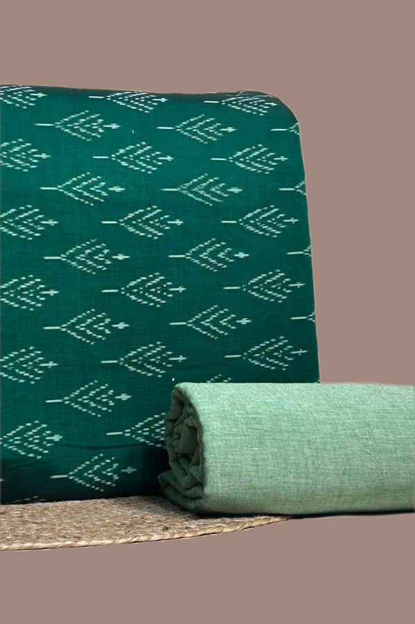 Green - 2pc Hand Tie-Dye Ikkat Top and Soft Ikkat Cotton Bottom Fabric Set Authentic Mercerised Ikkat