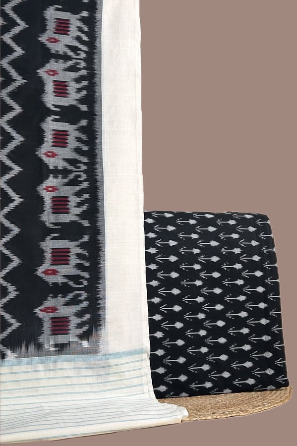 Black - 2pc Ikkat Cotton Dupatta and Handloom Soft Ikkat Cotton Top Fabric Set Authentic Hand Tie-Dye Mercerised Ikkat