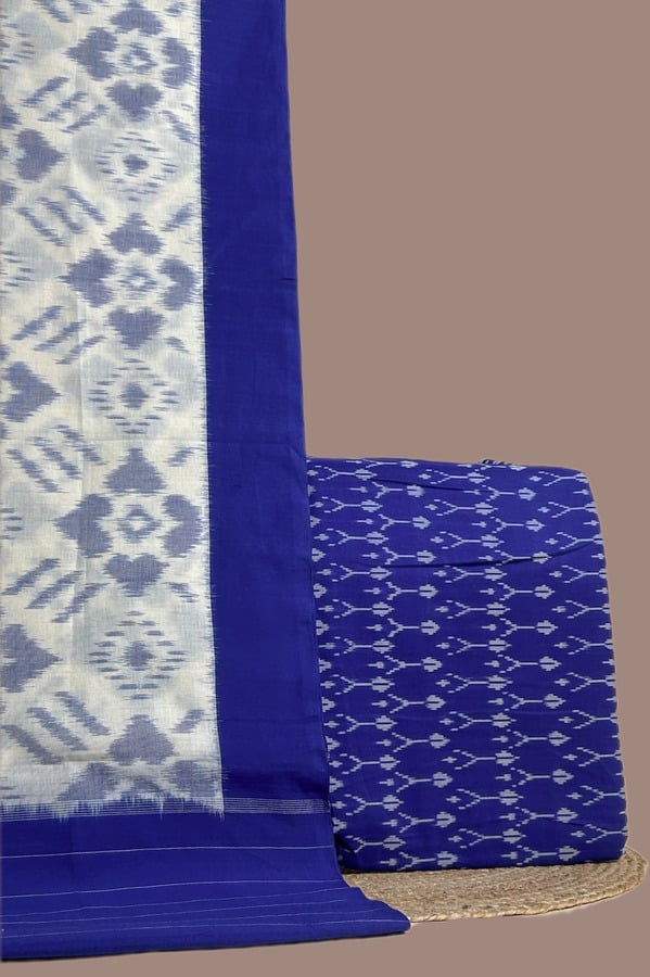 Blue - 2pc Ikkat Cotton Dupatta and Handloom Soft Ikkat Cotton Top Fabric Set Authentic Hand Tie-Dye Mercerised Ikkat