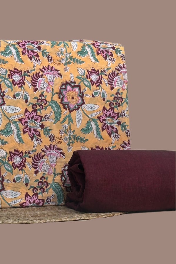 Yellow - 2pc Pure Soft Cotton Top and Handloom Cotton Bottom Fabric Set Authentic HandBlock Sanganeri Printed