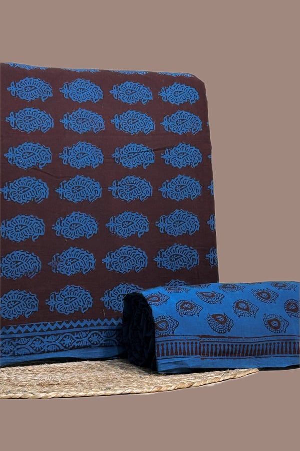 Brown - 2pc Bagh HandCrafted Top and Bottom Cotton Fabric Set Authentic Eco Friendly Dye