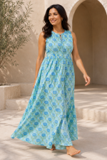 Aqua Blue Floral Cotton Sleeveless Gathered Neck Maxi Dress