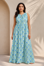 Aqua Blue Floral Cotton Sleeveless Gathered Neck Maxi Dress