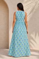 Aqua Blue Floral Cotton Sleeveless Gathered Neck Maxi Dress