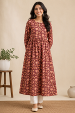 Wine Floral Cotton Tiered Kurta for Women | Avagatasara
