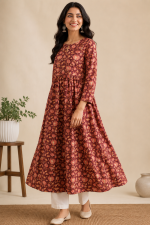 Wine Floral Cotton Tiered Kurta for Women | Avagatasara