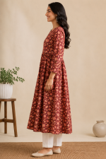 Wine Floral Cotton Tiered Kurta for Women | Avagatasara