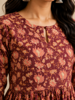 Wine Floral Cotton Tiered Kurta for Women | Avagatasara