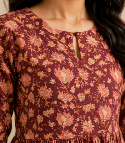 Wine Floral Cotton Tiered Kurta for Women | Avagatasara