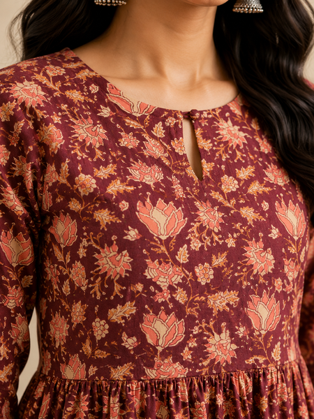 Wine Floral Cotton Tiered Kurta for Women | Avagatasara