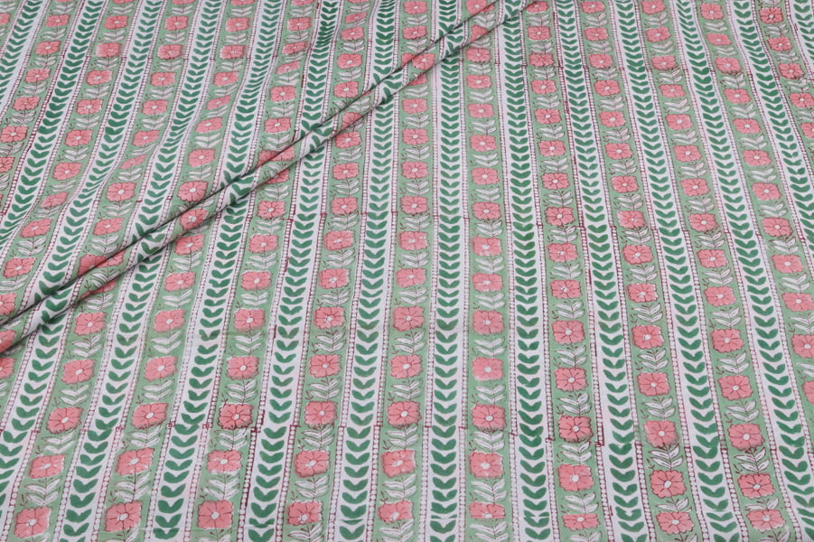 Green Stripe Pure Soft Cotton HandBlock Printed Fabric Authentic HandBlock Sanganeri Printed