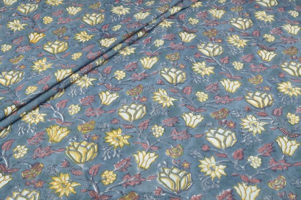 Grey Lotus Jaal Pure Soft Cotton HandBlock Printed Fabric Authentic HandBlock Sanganeri Printed