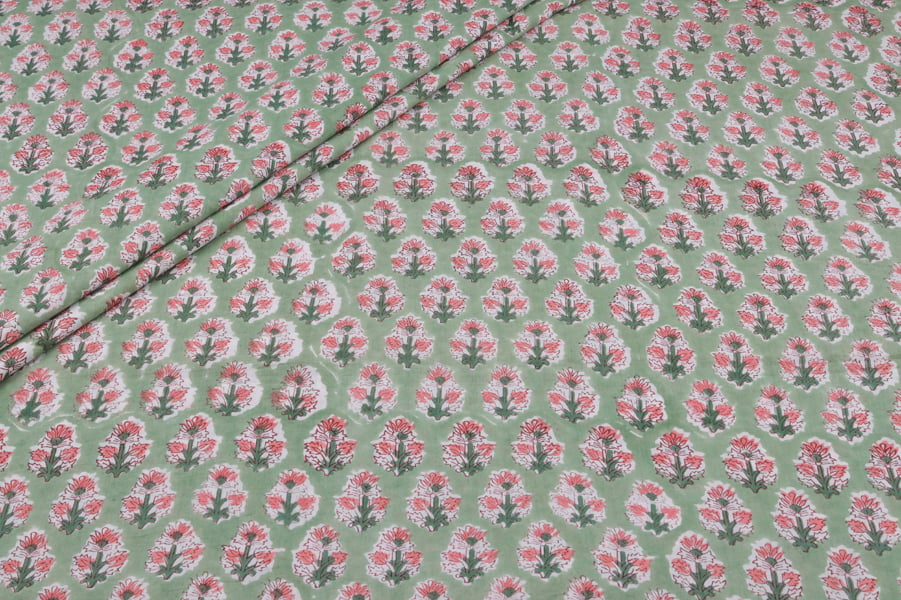 Green Bouquet Buti Pure Soft Cotton HandBlock Printed Fabric Authentic HandBlock Sanganeri Printed