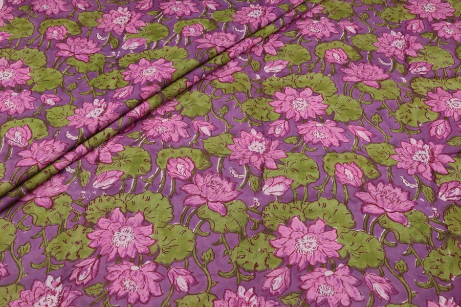 Purple Pink Lotus Jaal Pure Soft Cotton HandBlock Printed Fabric Authentic HandBlock Sanganeri Printed
