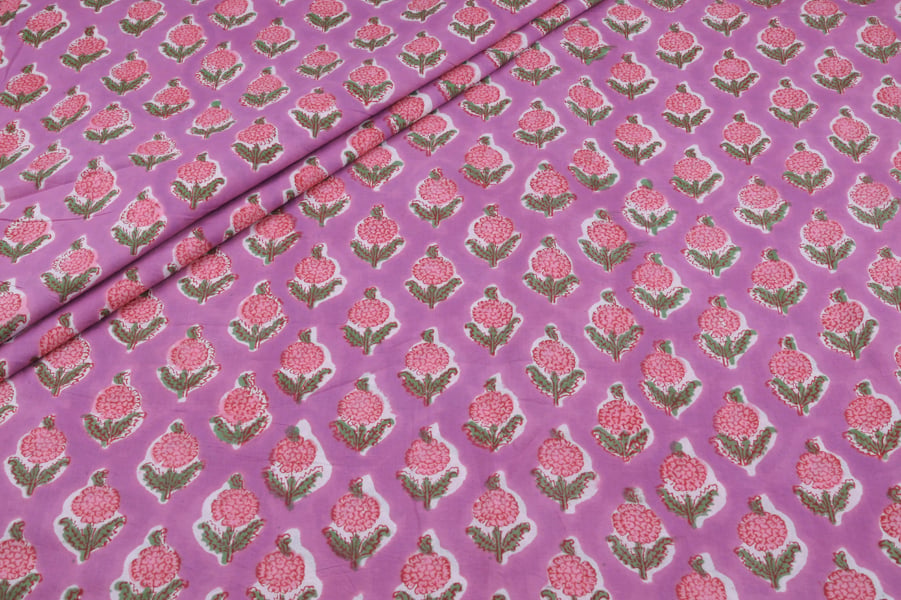 Purple Pink Marigold Buti Pure Soft Cotton HandBlock Printed Fabric Authentic HandBlock Sanganeri Printed