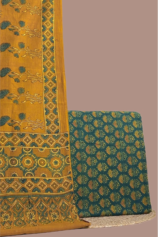 Yellow - 2pc Ajrakh HandCrafted Cotton Dupatta and Ajrakh Top Cotton Fabric Set Authentic Natural Dye