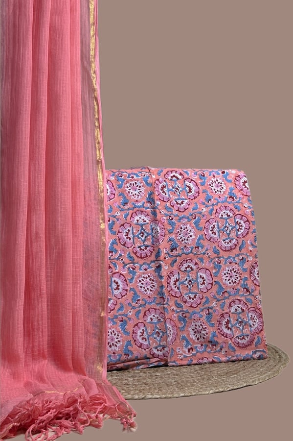 Pink - 2pc Kota Doria Dupatta and Blockprint Soft Cotton Top Fabric Set Authentic HandBlock Printed