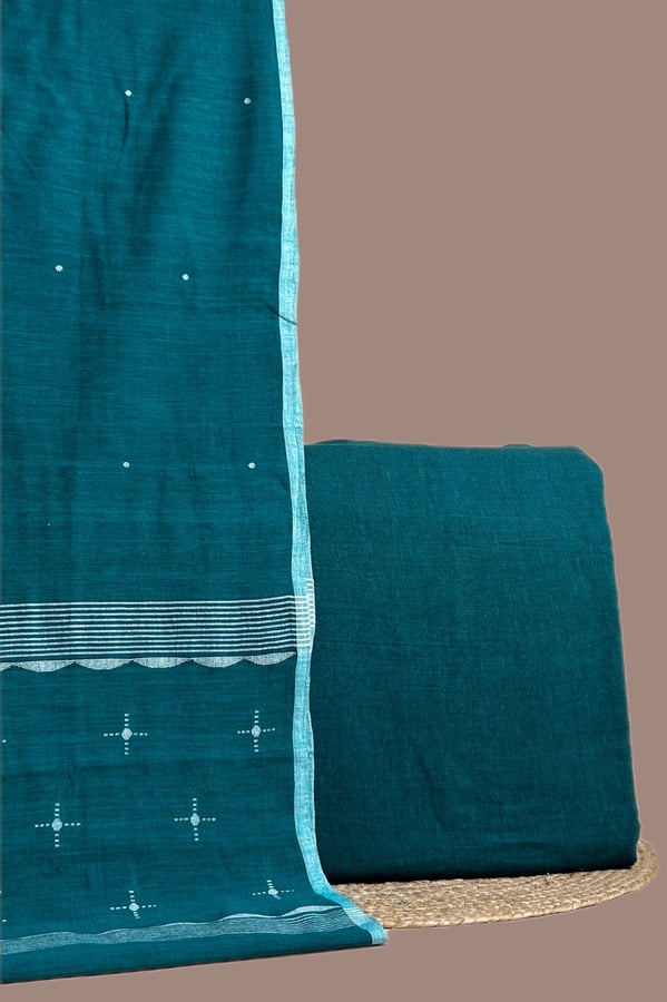 Blue - 2pc Handloom Cotton Dupatta and Handloom Soft Cotton Top Fabric Set Authentic HandLoom Woven