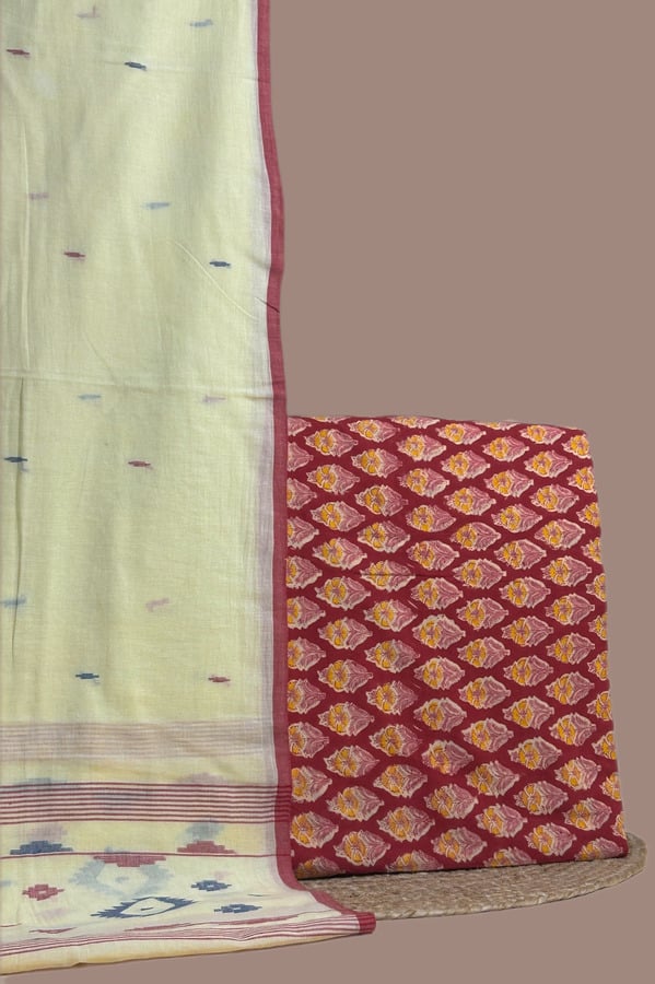 White - 2pc Handloom Cotton Dupatta and Blockprinted Soft Cotton Top Set Authentic HandBlock Printed