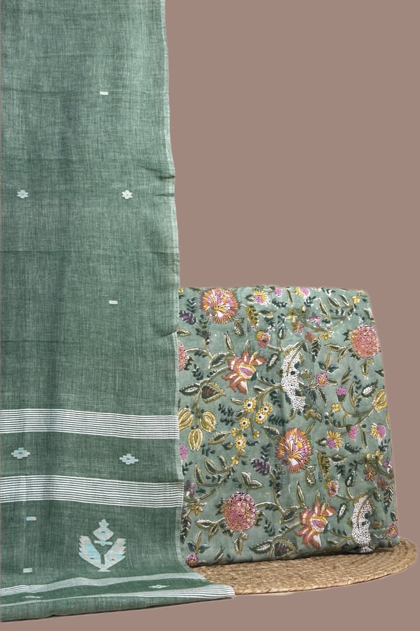Green - 2pc Handloom Cotton Dupatta and Blockprinted Soft Cotton Top Set Authentic HandBlock Printed