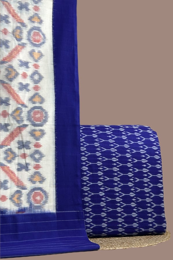 Blue - 2pc Ikkat Cotton Dupatta and Ikkat Soft Cotton Top Fabric Set Authentic Hand Tie-Dye Mercerised Ikkat