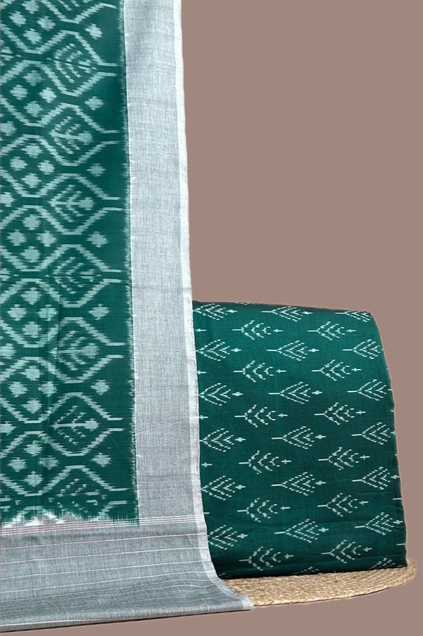 Green - 2pc Ikkat Cotton Dupatta and Ikkat Soft Cotton Top Fabric Set Authentic Hand Tie-Dye Mercerised Ikkat
