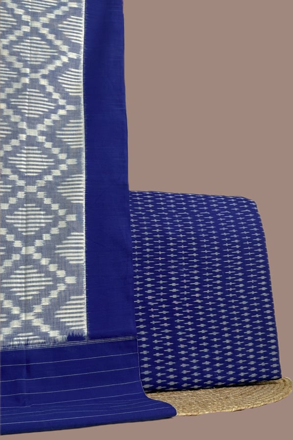 Blue - 2pc Ikkat Cotton Dupatta and Handloom Soft Ikkat Cotton Top Fabric Set Authentic Hand Tie-Dye Mercerised Ikkat