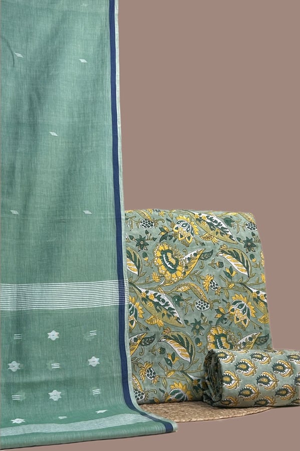 Green - 3pc Handloom Soft Cotton Dupatta with Blockprint Cotton Top & Bottom Set Authentic HandBlock Printed