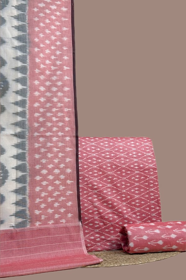 Pink - 3pc Handloom Soft Ikkat Cotton Dupatta with Soft Ikkat Top And Bottom Set Authentic Mercerised Ikkat with Handloom Woven