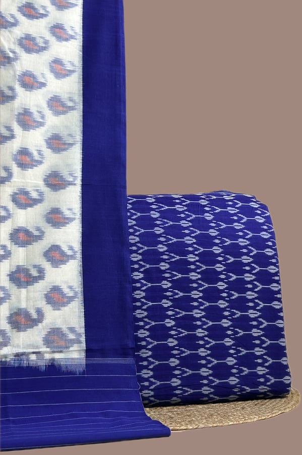 Blue - 2pc Ikkat Cotton Dupatta and Handloom Soft Ikkat Cotton Top Fabric Set Authentic Hand Tie-Dye Mercerised Ikkat