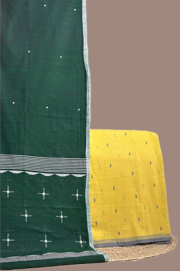 Green - 2pc Handloom Cotton Dupatta and Handloom Woven Design Top Fabric Set Authentic HandLoom Woven