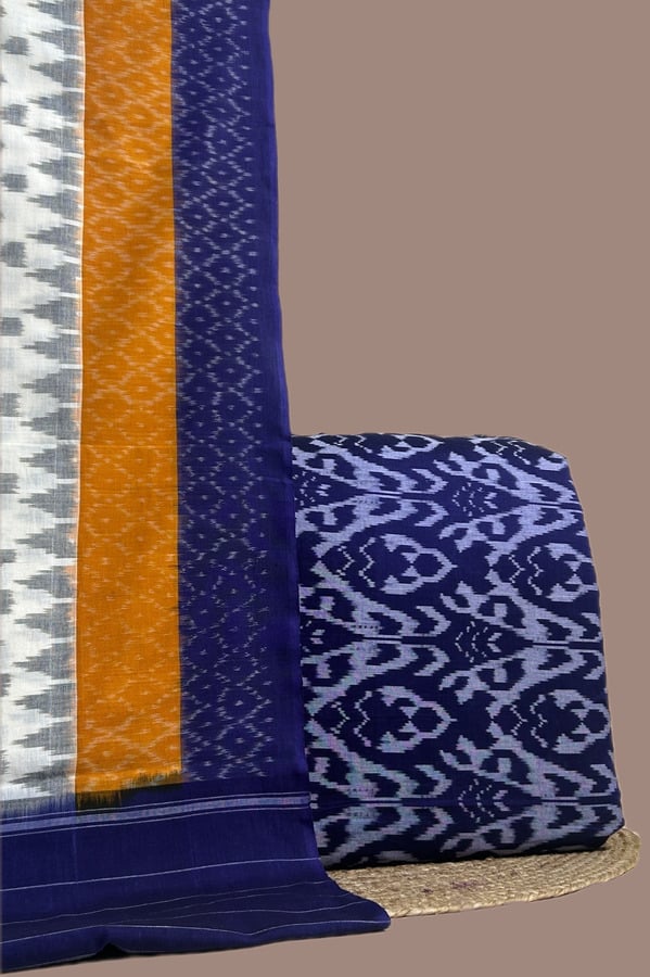 Blue - 2pc Ikkat Cotton Dupatta and Handloom Soft Ikkat Cotton Top Fabric Set Authentic Hand Tie-Dye Mercerised Ikkat