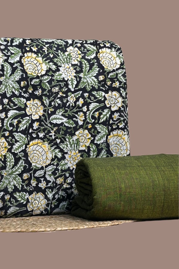 Green - 2pc Blockprint Top and Bottom Fabric Set Authentic HandBlock Printed