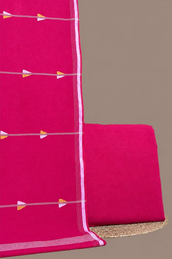 Pink - 2pc Handloom Cotton Dupatta and Handloom Soft Cotton Top Fabric Set Authentic HandLoom Woven