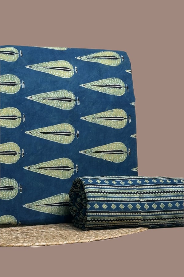 Blue - 2pc Ajrakh Blockprint Top and Bottom Fabric Set Authentic Natural Dye
