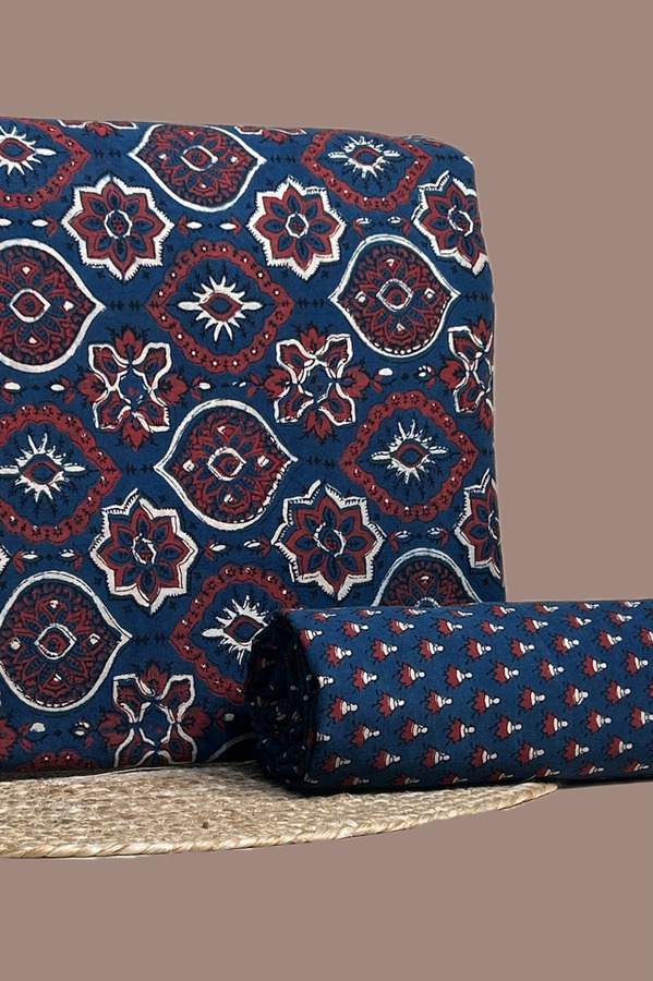 Blue - 2pc Ajrakh Blockprint Top and Bottom Fabric Set Authentic Natural Dye
