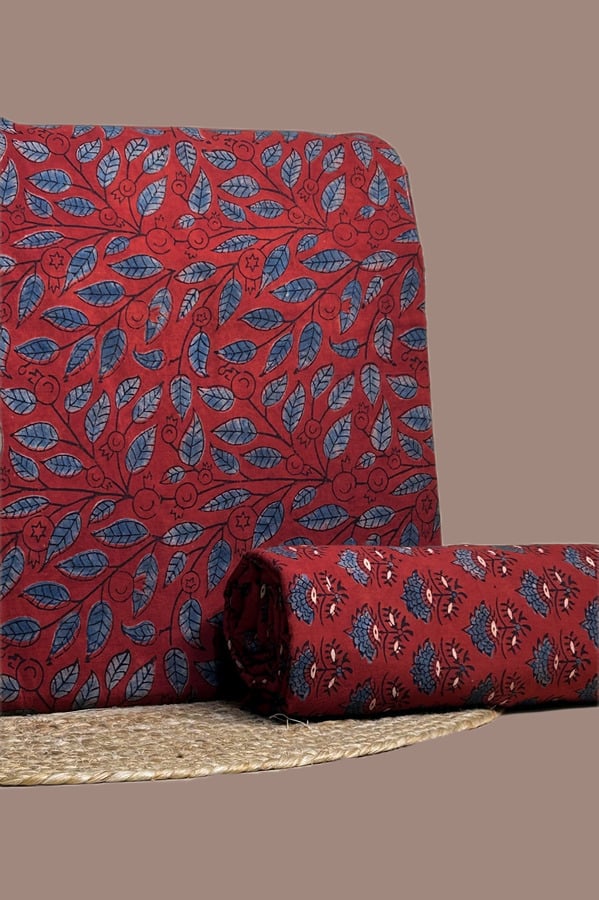 Red - 2pc Ajrakh Blockprint Top and Bottom Fabric Set Authentic Natural Dye