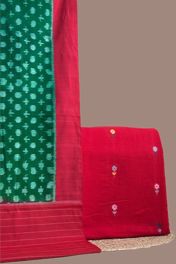 Green - 2pc Ikkat Cotton Dupatta and Handloom Soft Cotton Top Fabric Set Authentic Hand Tie-Dye Mercerised Ikkat