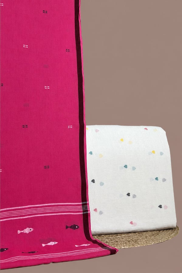 Pink - 2pc Handloom Cotton Dupatta and Handloom Woven Motif Top Fabric Set Authentic HandLoom Woven